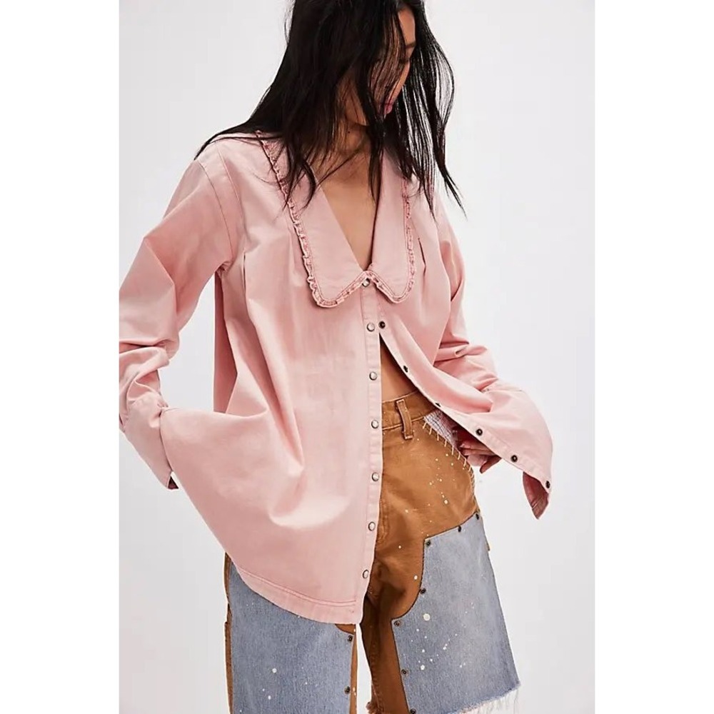 Free People Charlie Denim Shirt Pink Ruffle Peter Pan Collar Snap Front Small